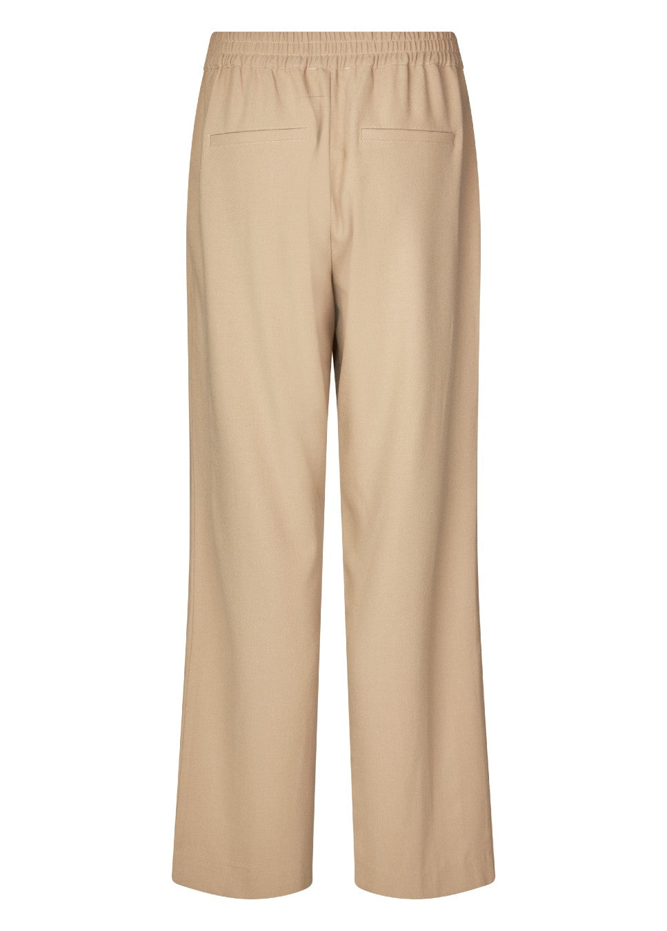 Beige geweven broek van het merk mbyM. De beige pantalon Emmett heeft een elastische tailleband achter, steekzakken en fake achterzakken. De beige pantalon heeft een wide leg fit. Combineer de beige broek met de bijpassende beige top Gianne van mbyM. Shop de  nieuwe collectie dames bij bij dameskleding Boetiek Aniek.