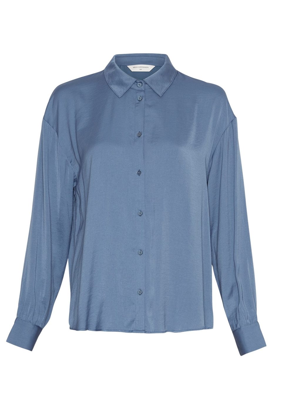 productfoto blauwe satijnlook msch copenhagen dames blouse voorkant