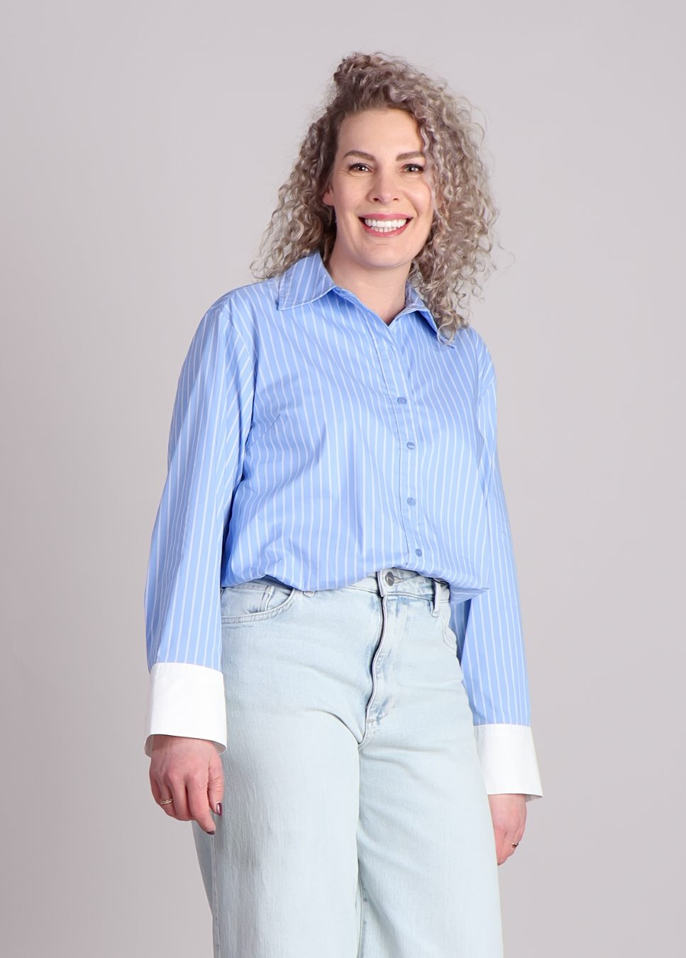 blauw wit gestreepte Co Couture DiaviaCC blouse, shirt met balloon effect.