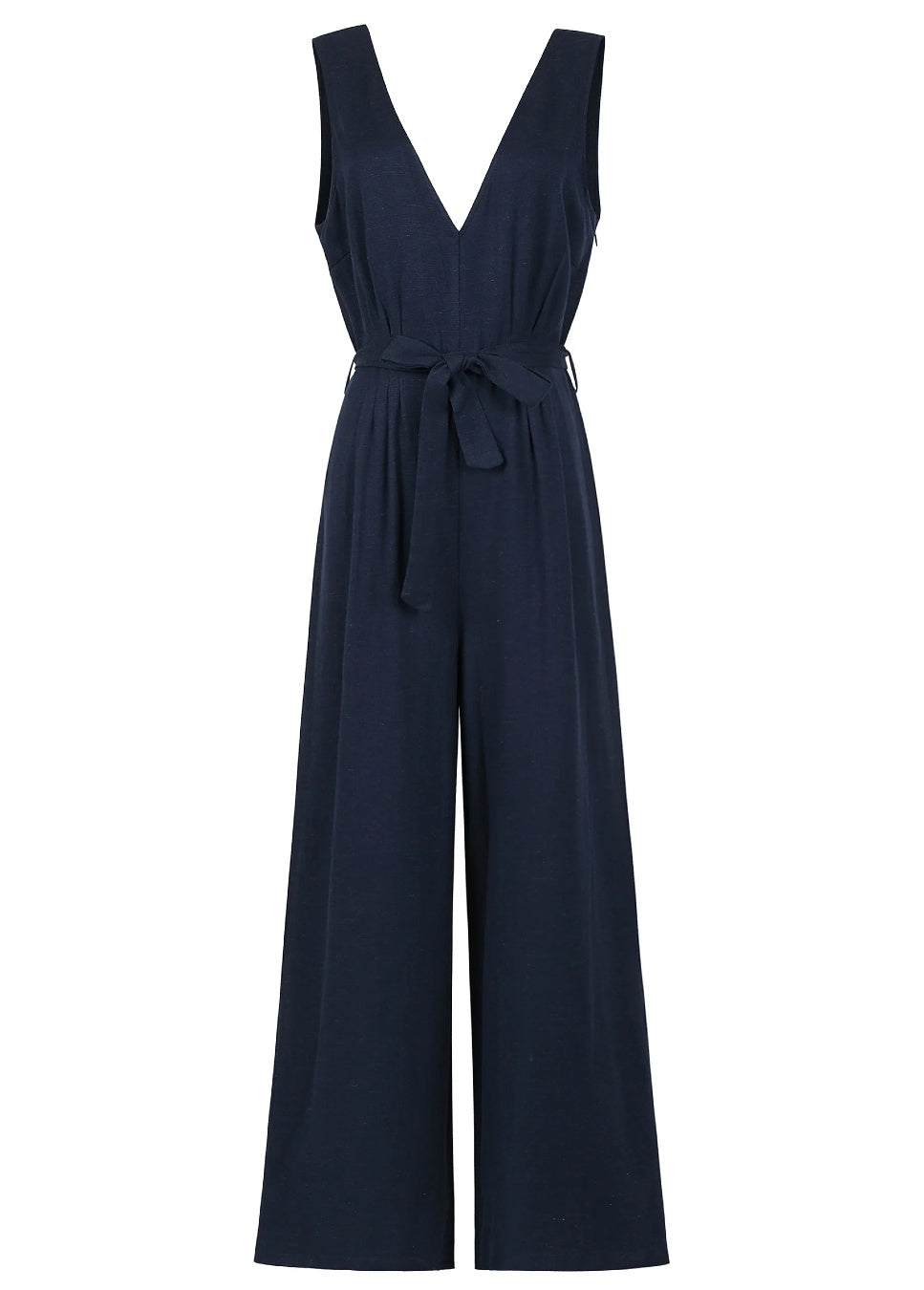 product foto van de FRNCH pakize jumpsuit met v-hals, afneembaar strikceintuur en blauw van kleur