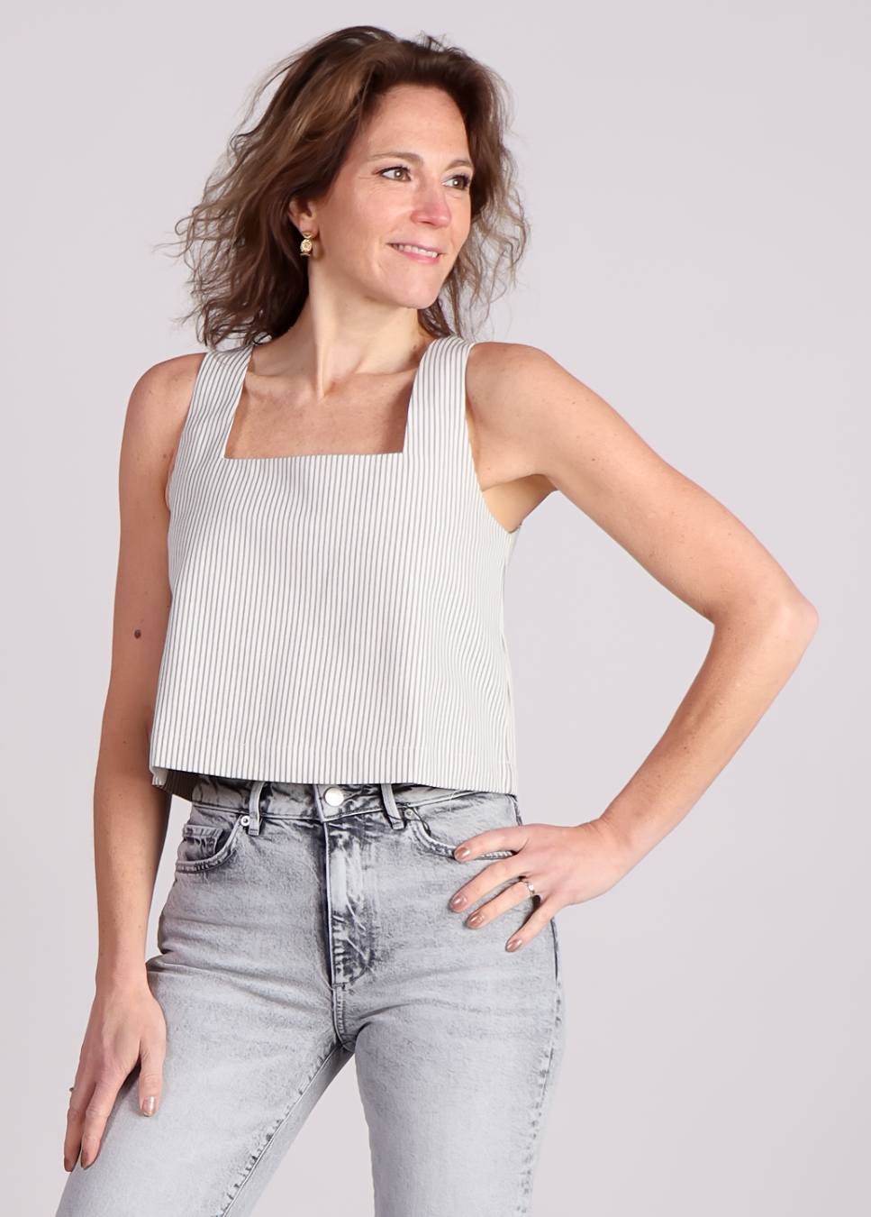 Grace & Mila peanut top gestreept motief beige van kleur op jeans