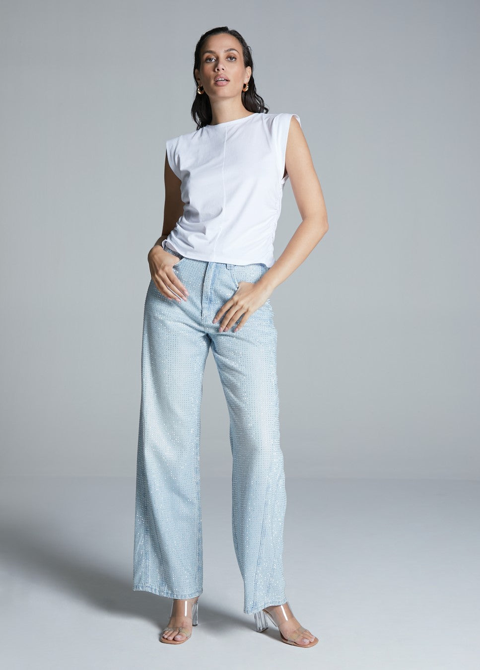 Homage straight jeans met strass lichtblauw op model