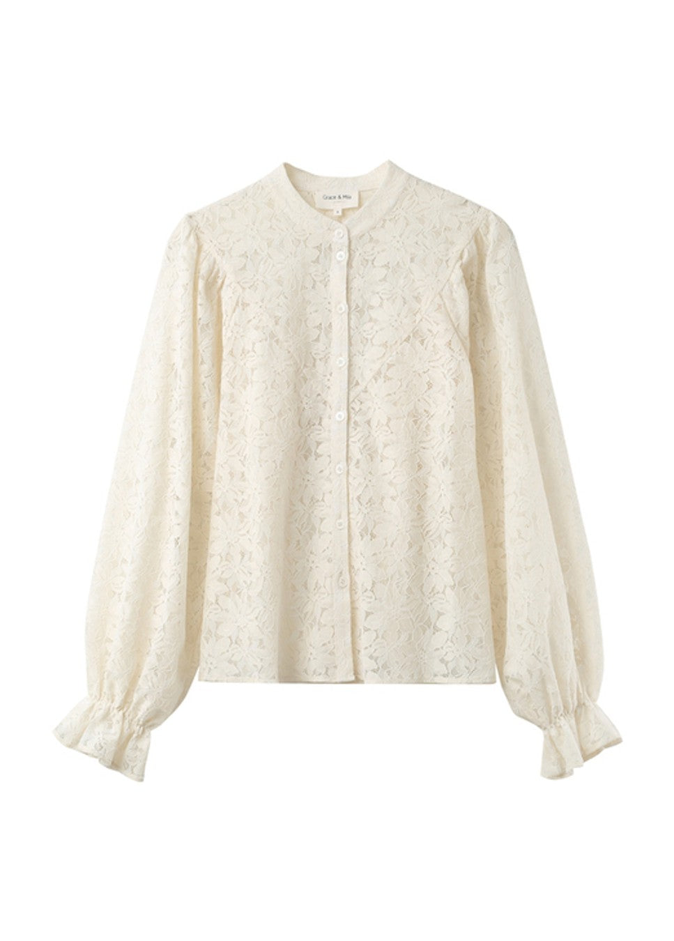 Witte kanten Grace & Mila blouse met ruches kant ornella voorkant