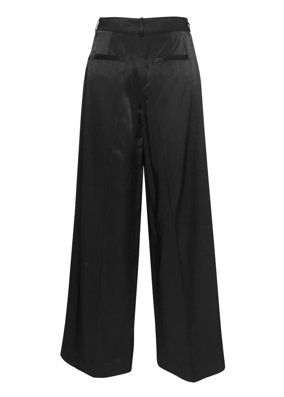 Zwarte satijnlook wide leg pantalon Ulla MSCH Copenhagen achterkant